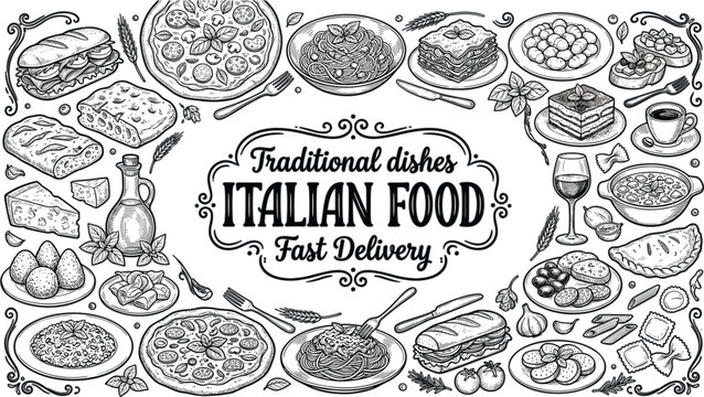 Traditional Italian Food Restaurant Menu Template Vector Illustration Set Featuring Hand Drawn Pizza Pasta Lasagna Panini and Tiriamisu Engraving Style Icons
