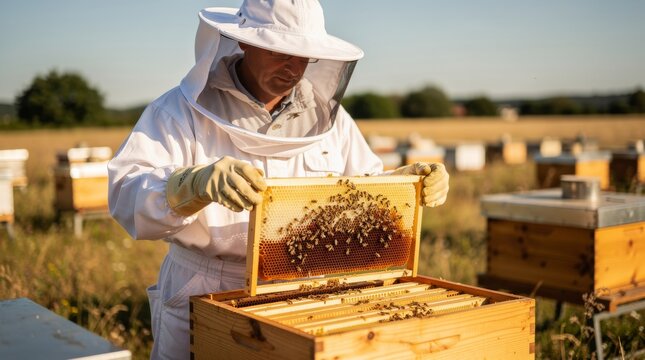 Beekeeper inspects honeycomb filled with bees in an apiary