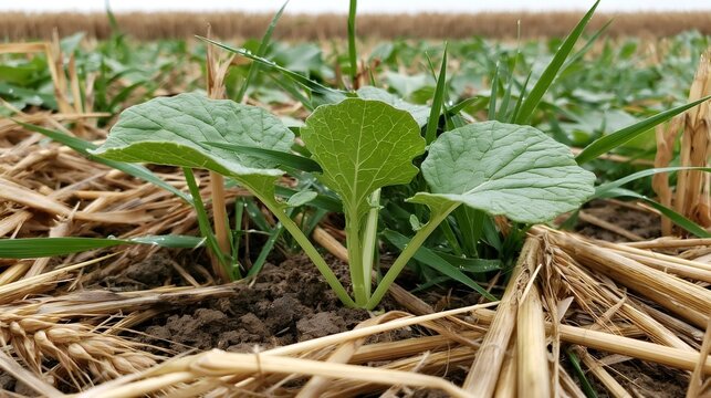 Young rapeseed plant emerging from the soil in a no till field, surrounded by straw residue and other green cover crops, promoting healthy soil and sustainable agriculture practices