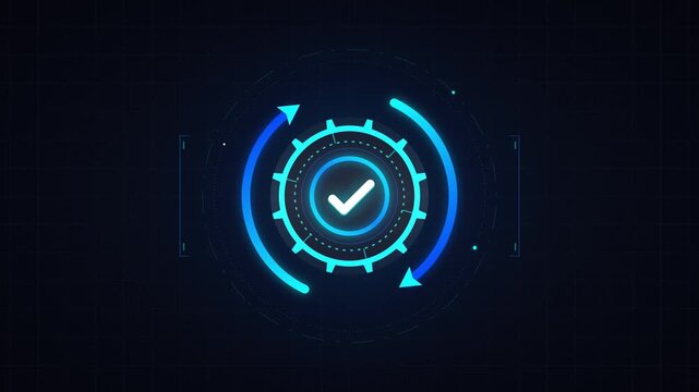 Digital checkmark hud interface: animated glowing gear loading for tech ui technology