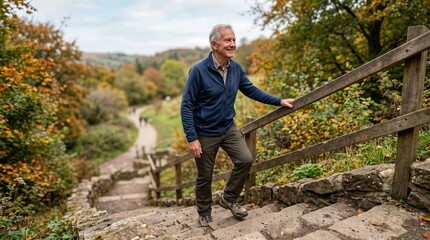 Naklejka premium Active senior man smiling while climbing up stone stairs in an autumn park
