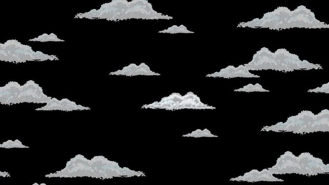 Pixel art animation of moving clouds with a black background, art, vintage, pixel.