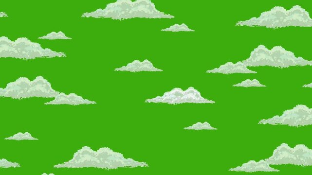 Pixel art animation of moving clouds with a green, background, art, vintage, pixel.