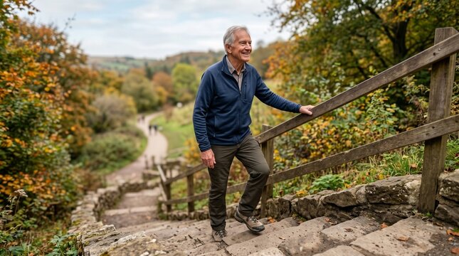 Active senior man smiling while climbing up stone stairs in an autumn park