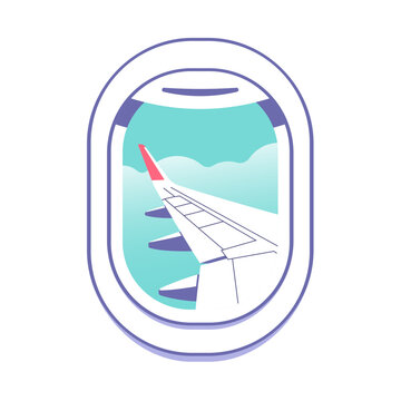 View through the porthole of aircraft. Travel, journey concept. Perfect background on the theme of season vacation, weekend. Vector illustration in minimalistic style.