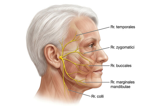 Human facial nerve anatomy illustration with labels face head