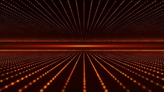 An abstract space of glowing red-orange dots arranged in perspective. An animated technological backdrop of a digital grid and a glowing horizon stretching to infinity.