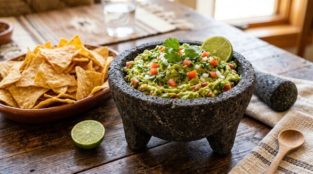 Freshly made guacamole served in a traditional stone molcajete with tortilla chips