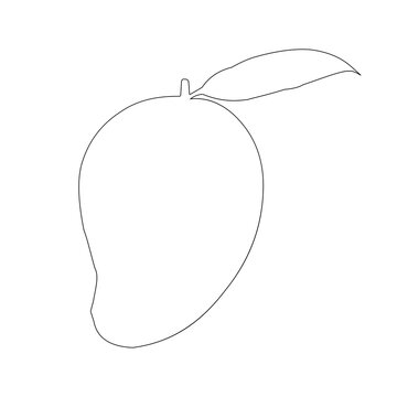 A simple line drawing of a mango with a stem and leaves attached at the top