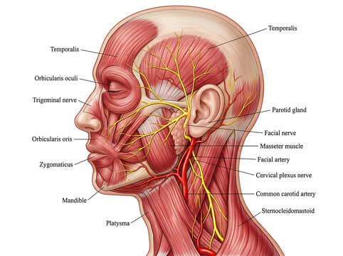 Human head anatomy illustration showing muscles nerves and arteries image