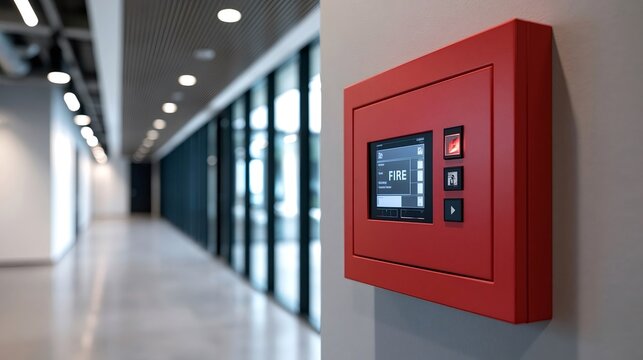 Red fire alarm control panel mounted on a wall, displaying a fire message on its screen, providing essential safety and emergency management in a contemporary office building hallway
