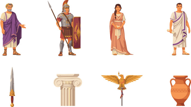 Ancient Roman Character Vector Set with Emperor Gladiator Senator Woman Pillar Gladius Dagger Golden Eagle Standard and Amphora Vase Elements