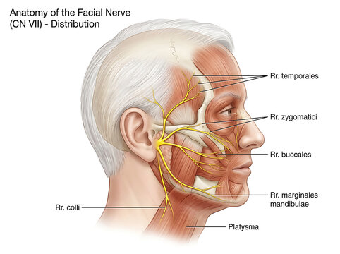 Human head profile showing facial nerve anatomy and muscles image