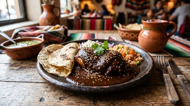 Traditional mole poblano dish with chicken and Mexican rice served on a rustic table