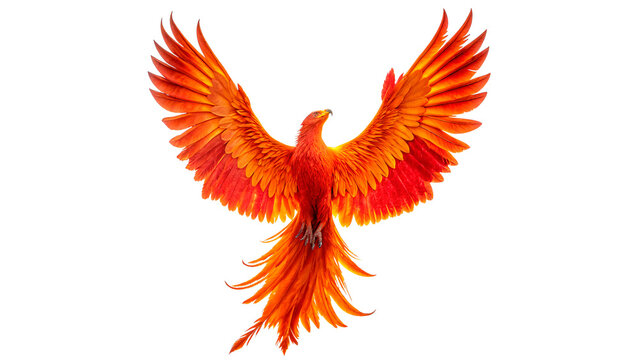 Majestic fire phoenix bird flying with wide burning wings isolated on transparent background Png cut out