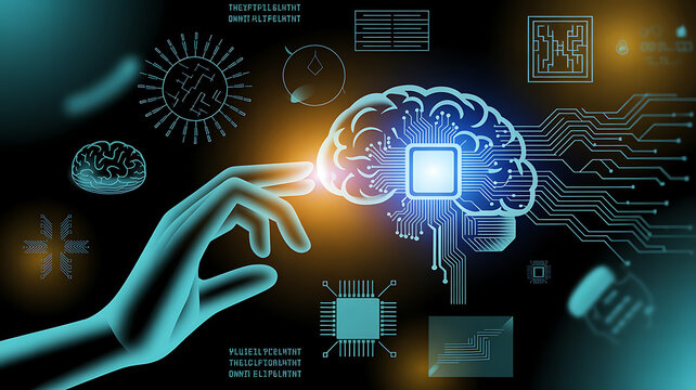 Hand touching brain of AI, Symbolic, Machine learning, artificial intelligence of futuristic technology. AI network of brain on business analysis, innovative and business growth development.