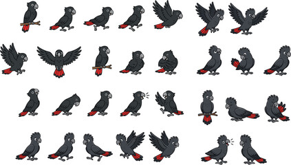 Cute red tailed black cockatoo bird cartoon character vector set with different expressions poses actions and flying animations © MSTNUR