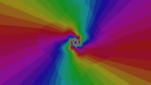 Psychedelic rainbow spiral swirls into a dark central vortex