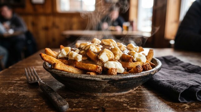 Steaming hot poutine served in a rustic bowl with a fork on a wooden table