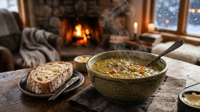 Cozy split pea soup with bread and butter by a warm fireplace on a snowy day