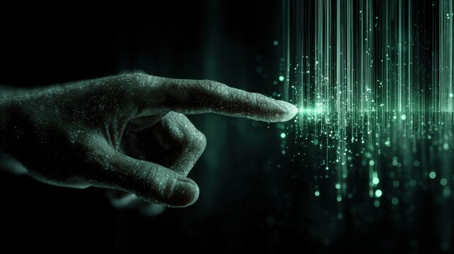 Human finger interacting with glowing digital particles and light streaks in futuristic technology concept with dark background and glowing green tones