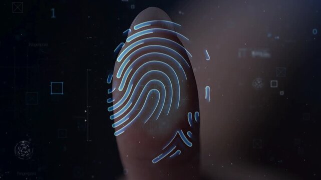 Close up of a real human finger being scanned by a glowing blue digital holographic fingerprint reader. Biometric identity access control.