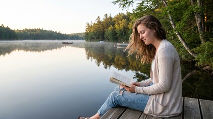 Fototapeta premium Young woman reading a book on a wooden dock by a serene lake at sunrise