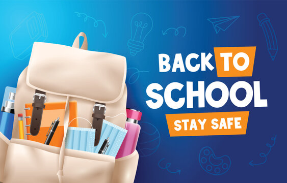Backpack filled with school supplies vector illustration on blue background