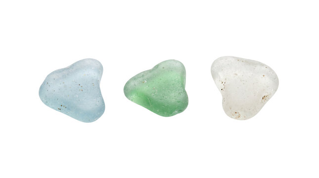 Sea glass fragments for coastal branding, decorative projects and luxury compositions. Isolated on White background.