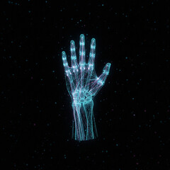 Naklejka premium Futuristic glowing skeleton hand wireframe model with neon cyan and pink digital nodes. Dark cosmic background features scattered star particles and deep space medical aesthetic.
