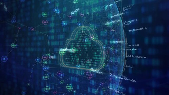 Glowing cloud computing icon surrounded by network nodes and floating cyber security terms. Represents secure cloud data storage and IT.