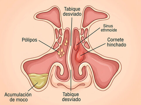 Human nasal cavity and sinuses illustration with polyps and deviated septum nose