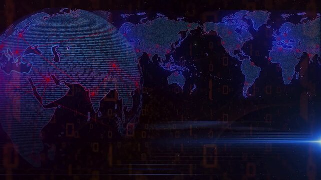 Digital 3D earth globe spinning with red network nodes and binary code over a world map background. Concepts of global communication.