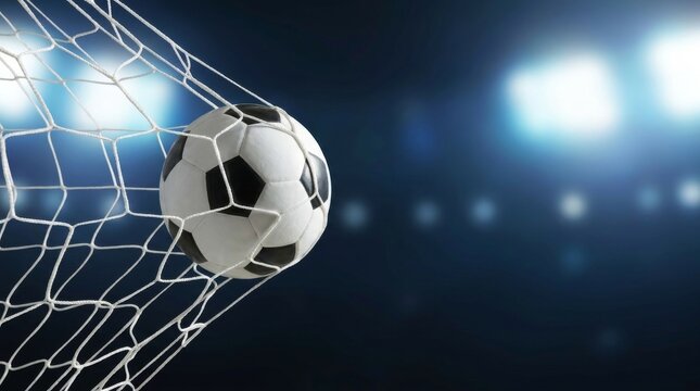Soccer ball in soccer goal net in a big stadium isolated on big soccer stadium. soccer net. Soccer ball hitting the net in a stadium at night, capturing a winning goal and victory