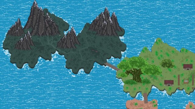 Pixel art animation of a medieval fast travel map with items shining on it over the sea with mountains, trees, day, art, vintage, pixel.
