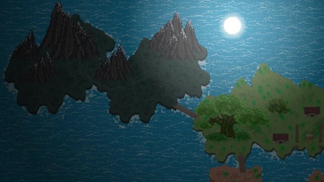 Pixel art animation of a medieval fast travel map with items shining on it over the sea with mountains, trees,moon, night, art, vintage, pixel.