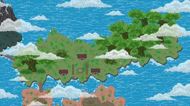Pixel art animation of a medieval fast travel map with items shining on it over the sea with trees, clouds, day, art, vintage, pixel.