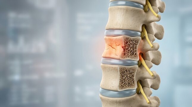 3D medical illustration of a fractured human vertebra in the spine. Anatomical model showing spinal compression fracture and back pain. Osteoporosis and bone health concept. Copy space