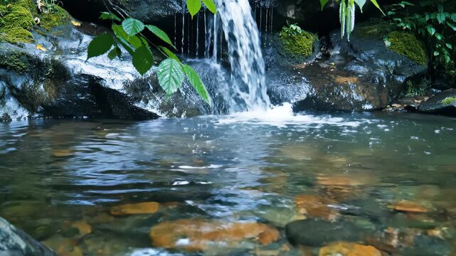 Gentle waterfall cascading over moss covered rocks into clear pool with leaves overhead.