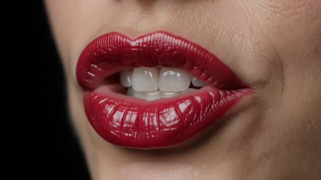 Time lapse sequence of woman's full red lips talking and moving against black background