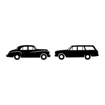 Classic car and station wagon side view silhouette icons with automobile