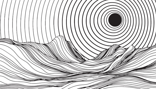 Landscape line art abstract mountain range with concentric circles sun