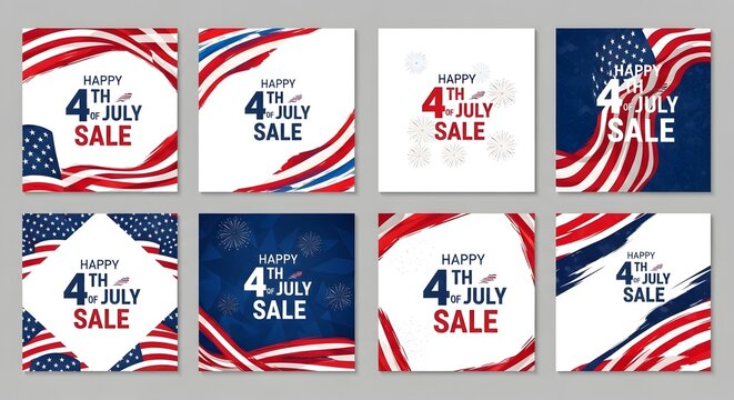 4th of july sale social media post templates set with american flags and decorative graphics template marketing