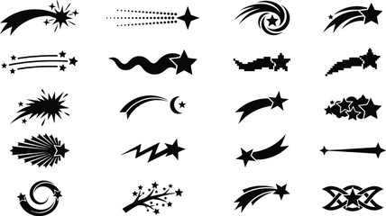 Shooting Star Silhouette Set with Comet Trails Meteor Sparkles and Moon Icons © parves5203
