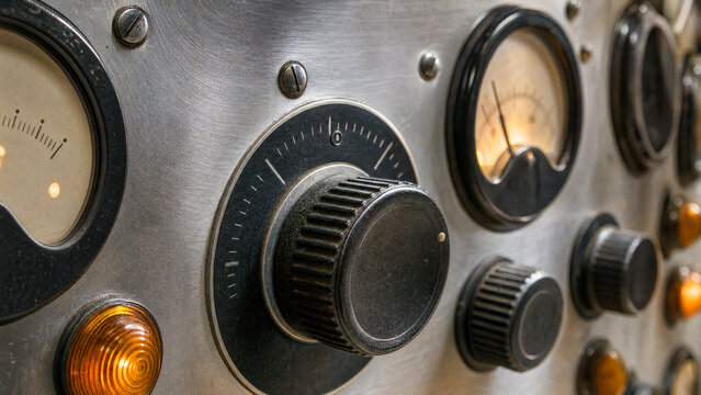Atomic age control panel with analog dials and amber lamps
