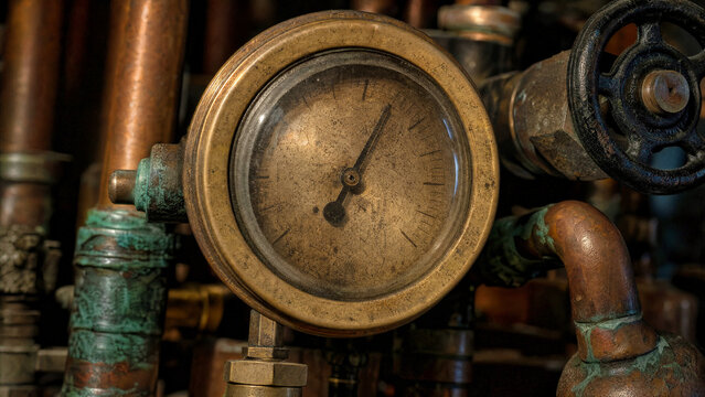 Aged brass pressure gauge among copper pipes with verdigris