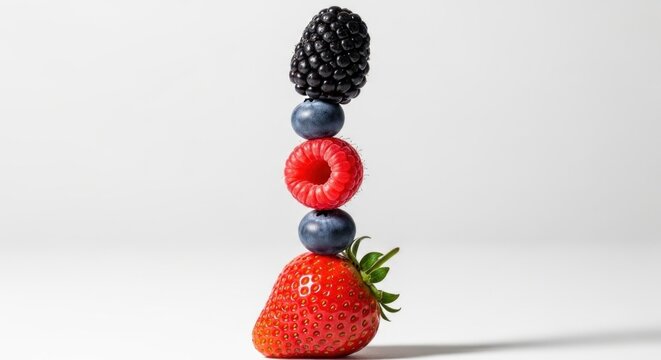 Stacked berries composition strawberry blueberry raspberry blackberry on white background