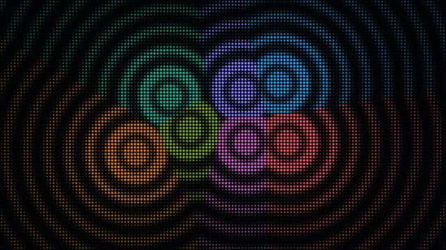 Halftone dots in rainbow colors animate across a black background