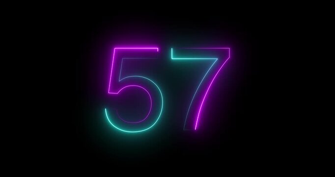Glowing neon 57 text number animation on black background. Bright neon 57 number symbol. glowing neon number animation concept