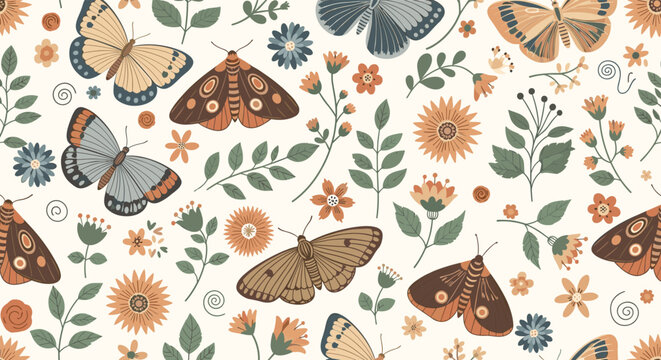 Enchanting seamless pattern of various butterflies, moths, and wildflowers in earthy tones on a beige background.